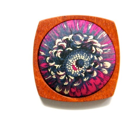 Wooden Brooch / Pendant - Liberty of London and Mahogany - Hot Pink Blue Black Purple Floral