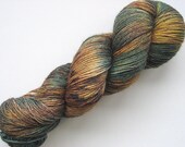 Blue, Brown, and Gold, 'Captain Jack,' Hand-dyed 70/30 SW Merino Silk Sock Yarn, 440 yds