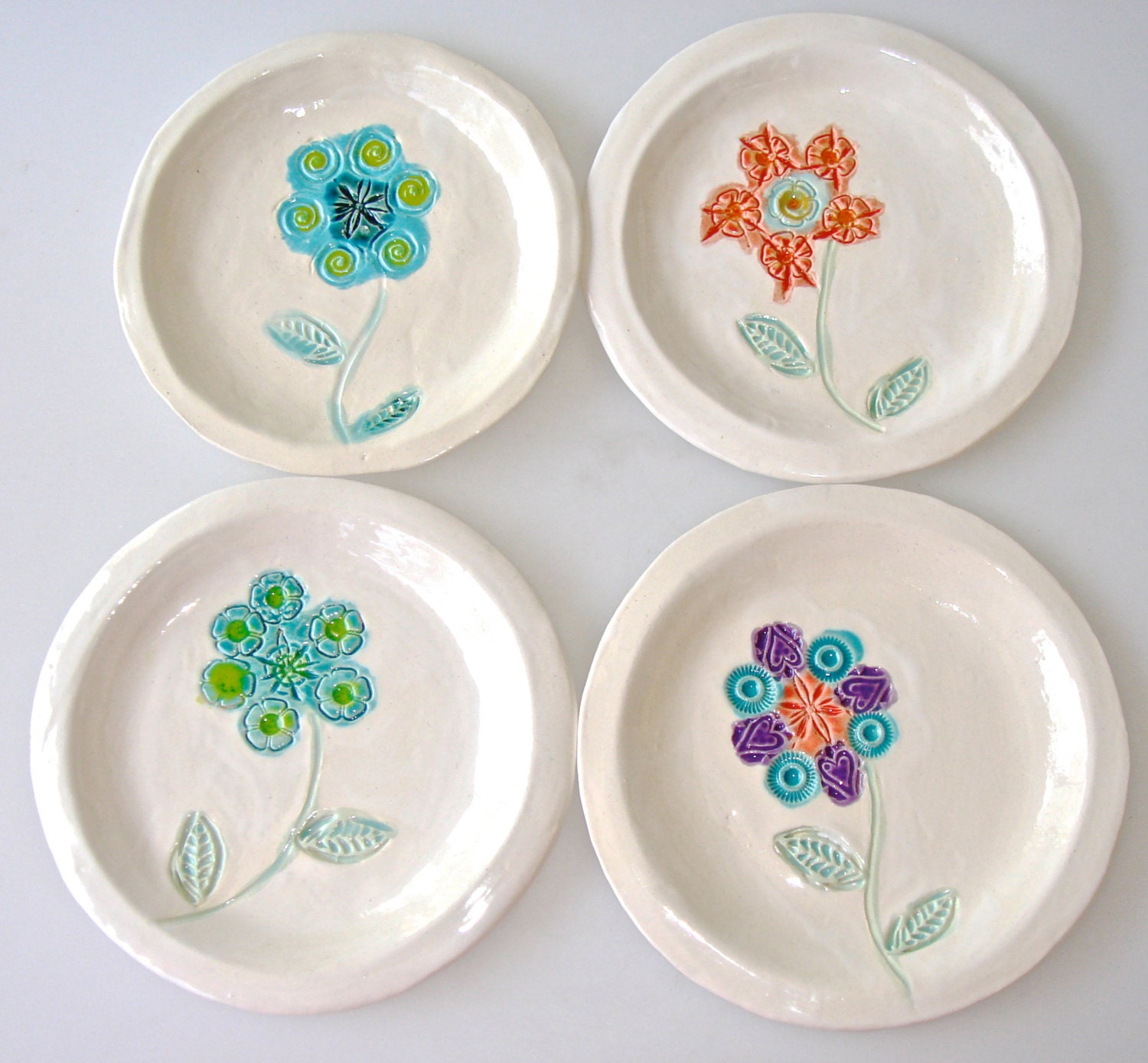Decorative Dessert Plate Set, ceramic dish set, with spring blooms in turquoise, coral and lime green