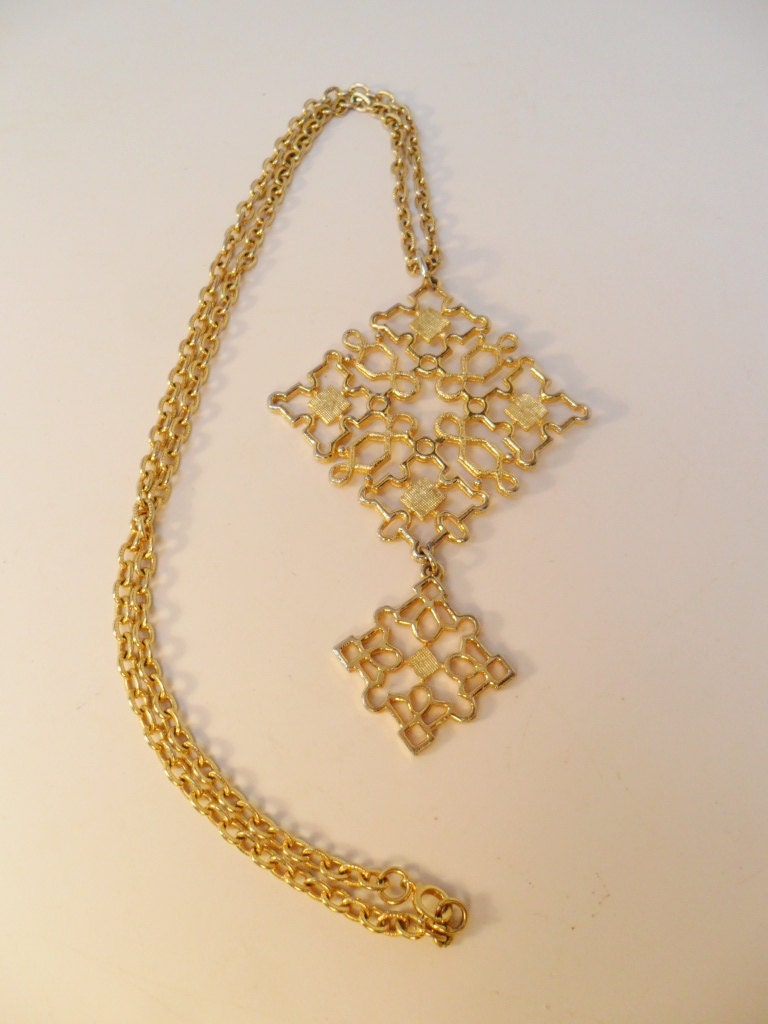 Vintage Necklace / Pendant Long Gold Tone Metal Diamond Shaped Ornate Abstract Design Chunky Mid Century Retro Art Deco 1970s Statement