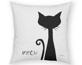 Meow  18 x 18 Cotton Pillow  Cat Silhouette on White Background