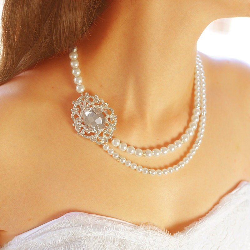 JADA, Victorian Inspired Bridal Pearl Necklace, Silver Filigree and Rhinestone Wedding Necklace, Double Strand, White, Ivory, Bridal Jewelry