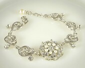 Bridal Bracelet, Rhinestone Wedding Bracelet, Art Deco Crystal Bracelet Jewelry, White or Ivory Pearl Bracelet, Vintage Style, TORIANA