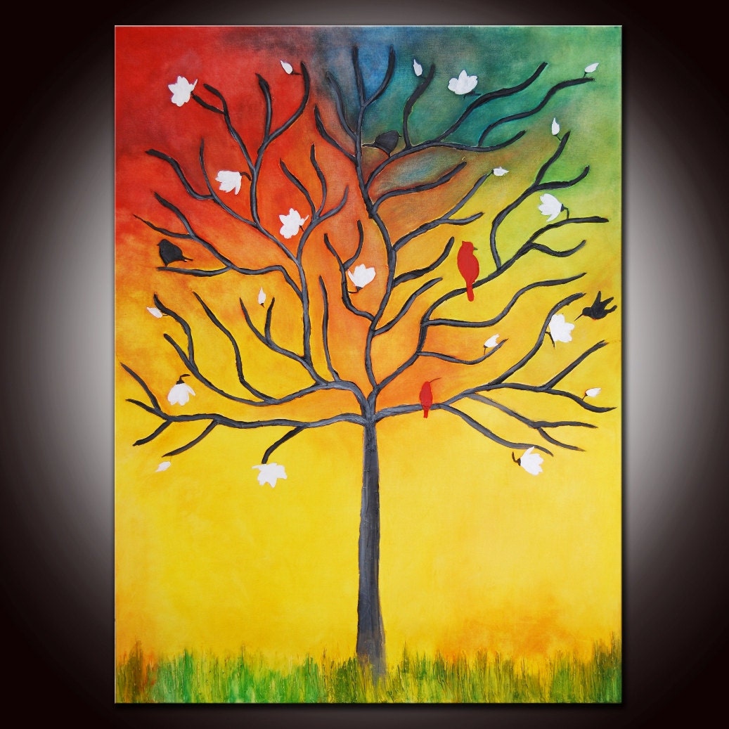 Original Tree Painting Birds and Flowers 48" Textured,abstract painting, Texture Tree large painting,Magnolias tree, Birds in tree