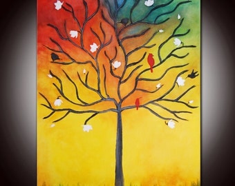 Original Tree Painting Birds and Flowers 48" Textured,abstract painting, Texture Tree large painting,Magnolias tree, Birds in tree
