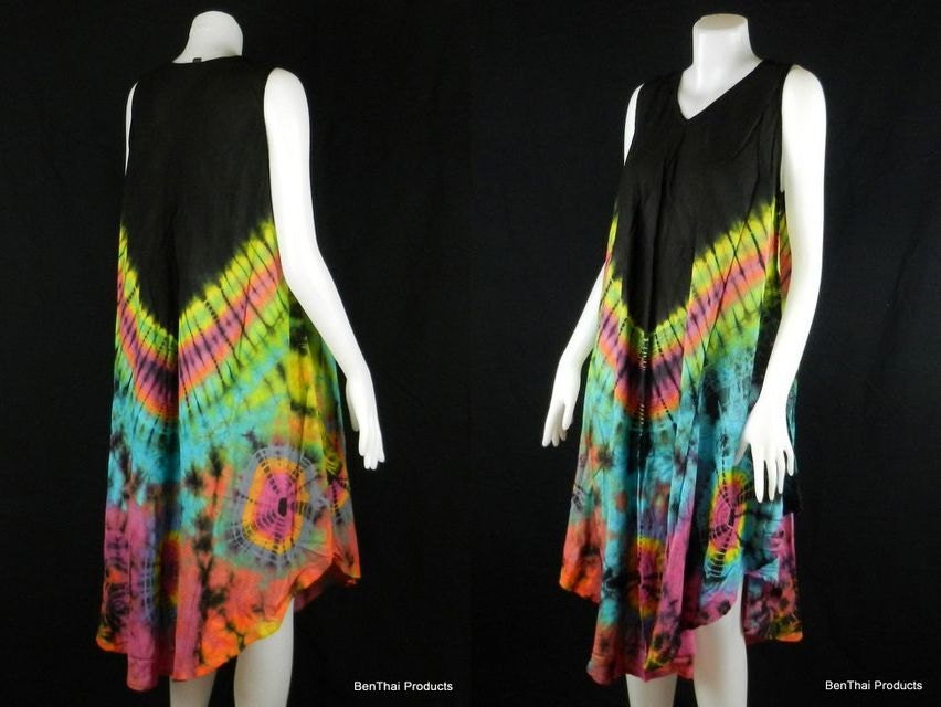 Colorful Tie Dye Casual Sun Dress Top Long Tunic Roomy Hippie Gypsy Bohemian Women Handmade Hand Dyed One Size TDD1