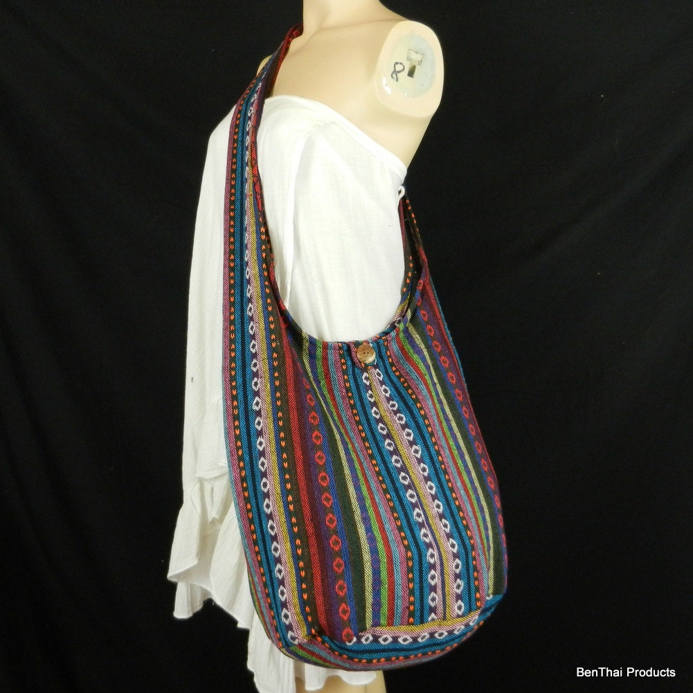 Hand Woven Cotton Bag Purse Hobo Hippie Sling Crossbody Messenger IKAT Lined Top Zip A35