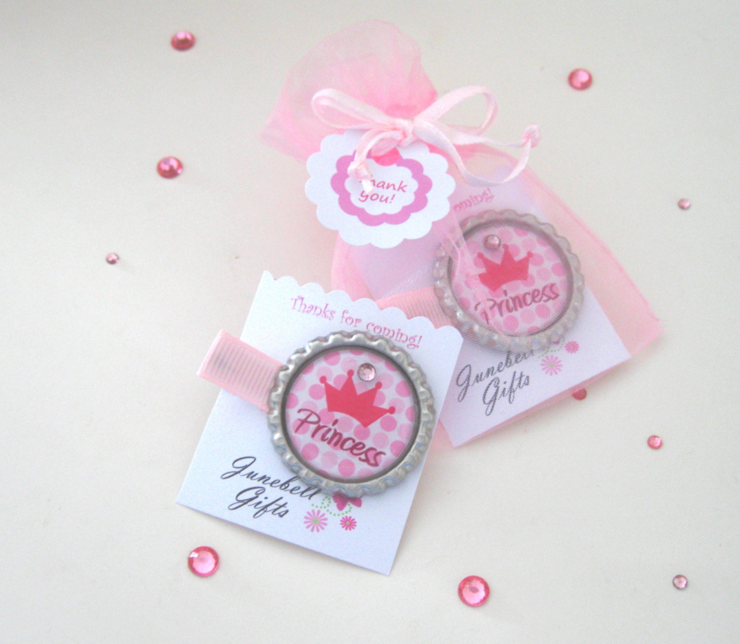 princess theme birthday party favors,girls, 10 sets, hair clips, princess, crown, bottlecaps, pink