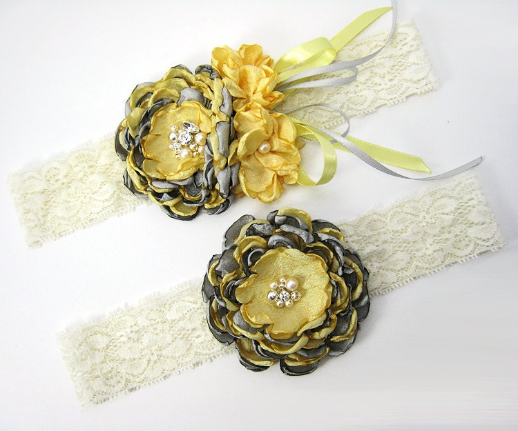 Wedding Garter Set - Bridal Keep and Toss Garter Set Yellow and Gray with Swarovski Pearls and Crystals
