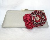 Bridal Clutch - Bridesmaid Bridal Party Clutch Sangria and Gray with Swarovski Pearls and Crystals for Event or Formal Occasion.