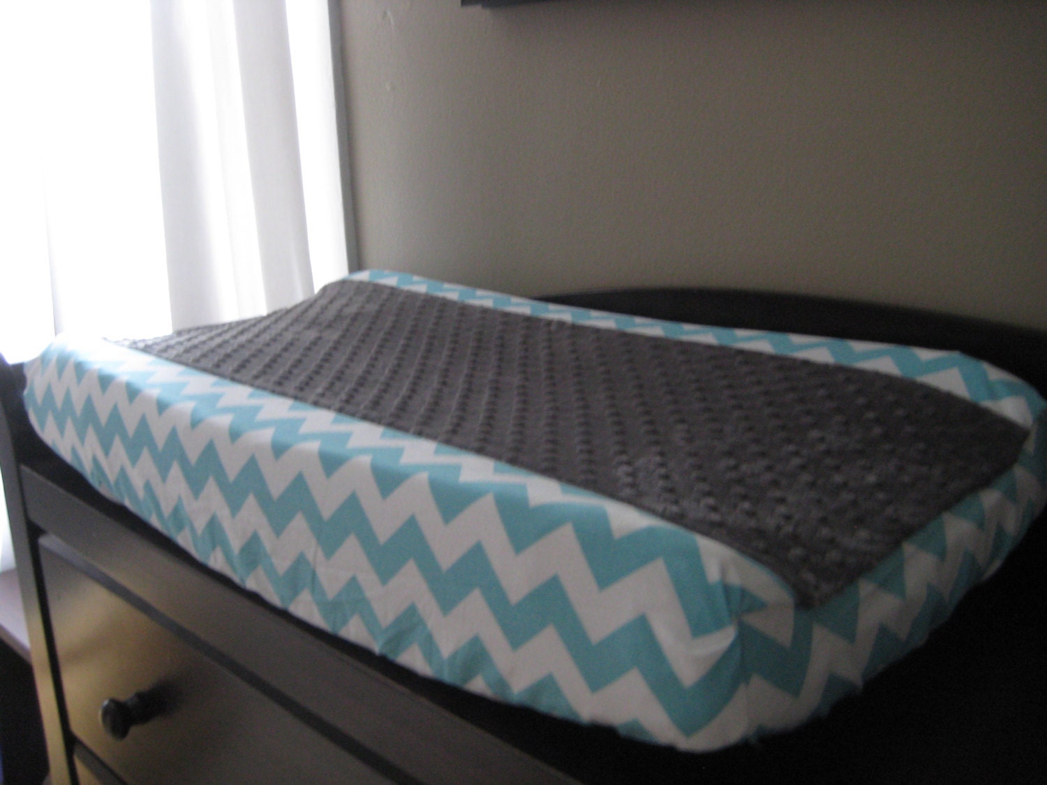 Changing Pad Cover with Minky Center - Aqua Chevron with Charcoal Grey Minky