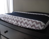 Changing Pad Cover with Minky Center - Grey Chevron with Navy