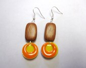Mod Wood Earrings Citrus Orange Yellow Enamel Circlets