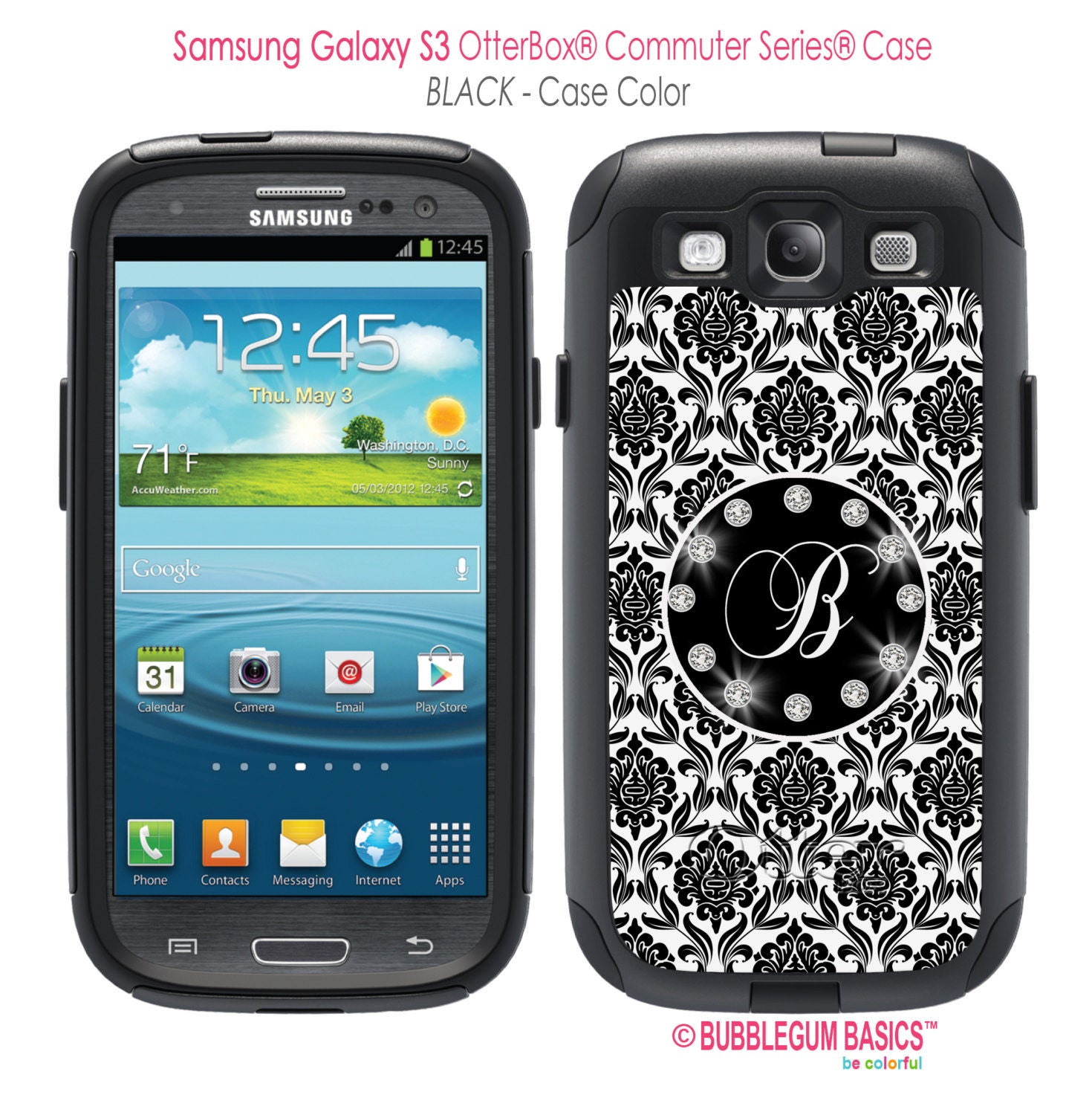OTTERBOX Commuter Samsung Galaxy S3 siii Note 2 Case Black Damask Bling Initial Personalized Monogram