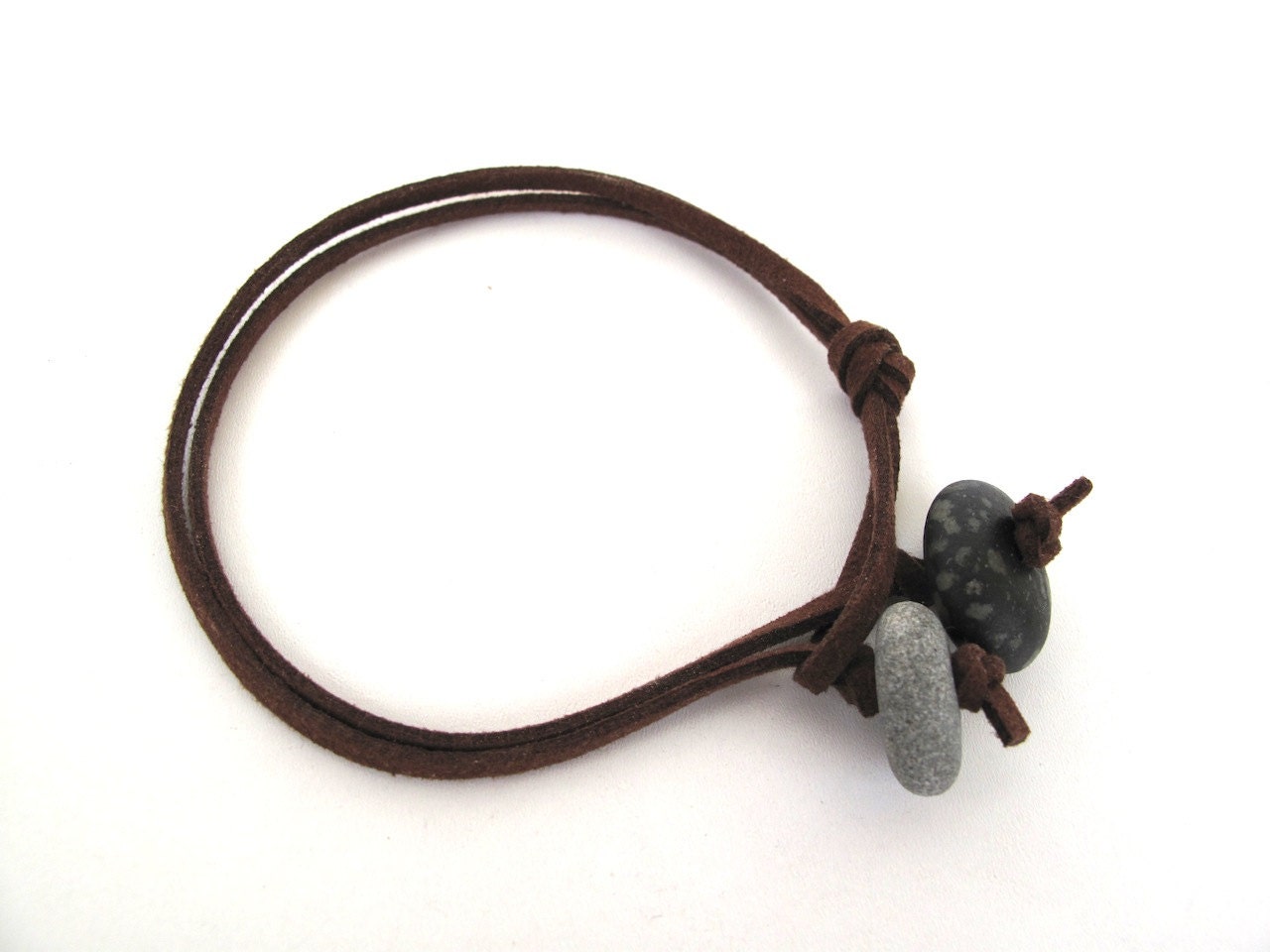 Beach Stone Wrap Bracelet : IT ROCKS TWINS Chubby Hand Drilled Natural River Rock Beach Pebble Surfer Bracelet Brown Suede Cord