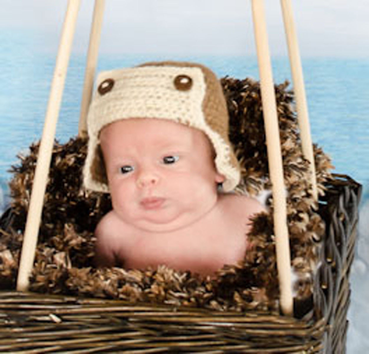 Natural Newborn Aviator Hat Photo Prop Baby Brown and Cream with Wooden Buttons