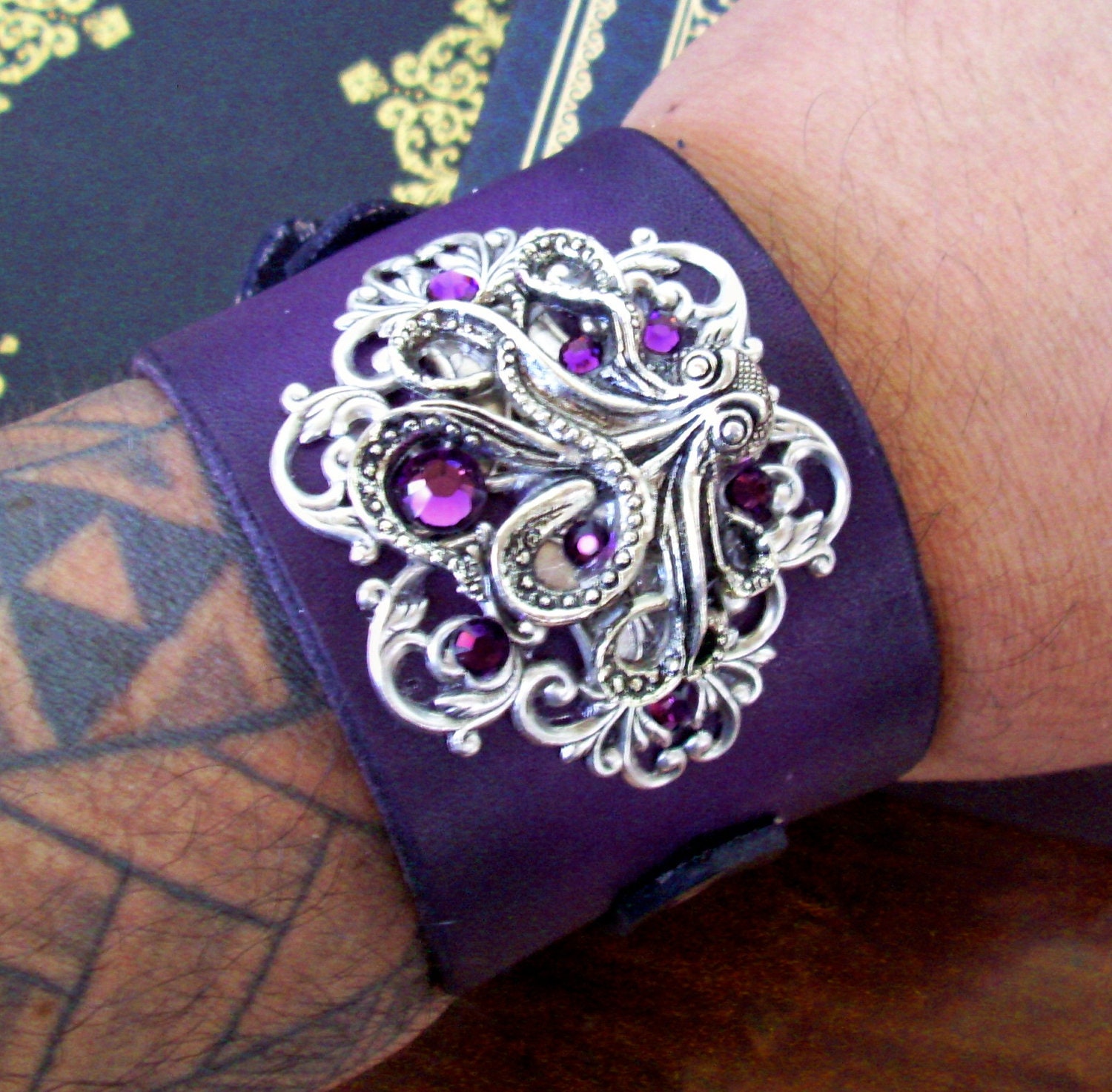 Steampunk Leather Bracelet (C51) - Wristband - Cuff - Silver Kraken Octopus Design - Swarovski Crystals - Purple Leather