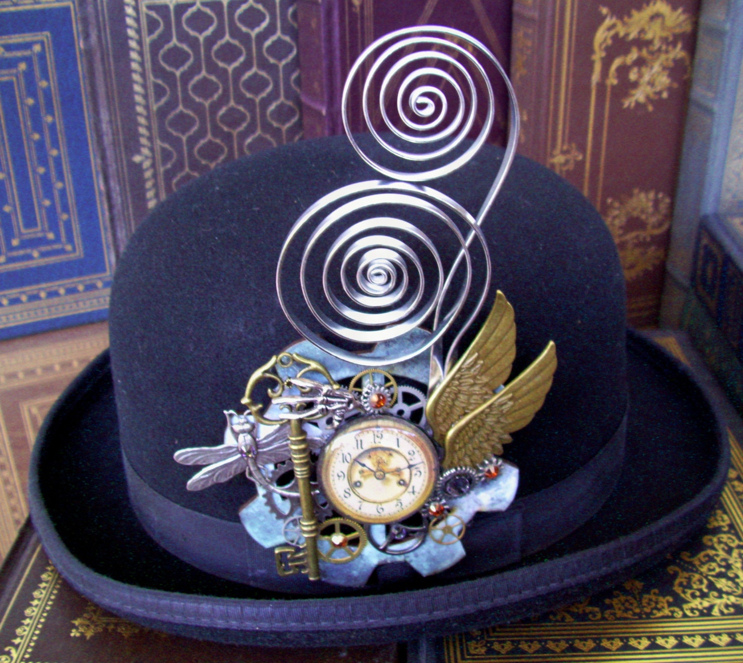 Steampunk Hat Adornment (HA44) - Clockwork in Flight Design - Spirals - Large Gear - Beautiful Hat Pin