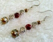 Earrings - Sterling Silver Ear Wires - Red, Amber and Silver Dangles