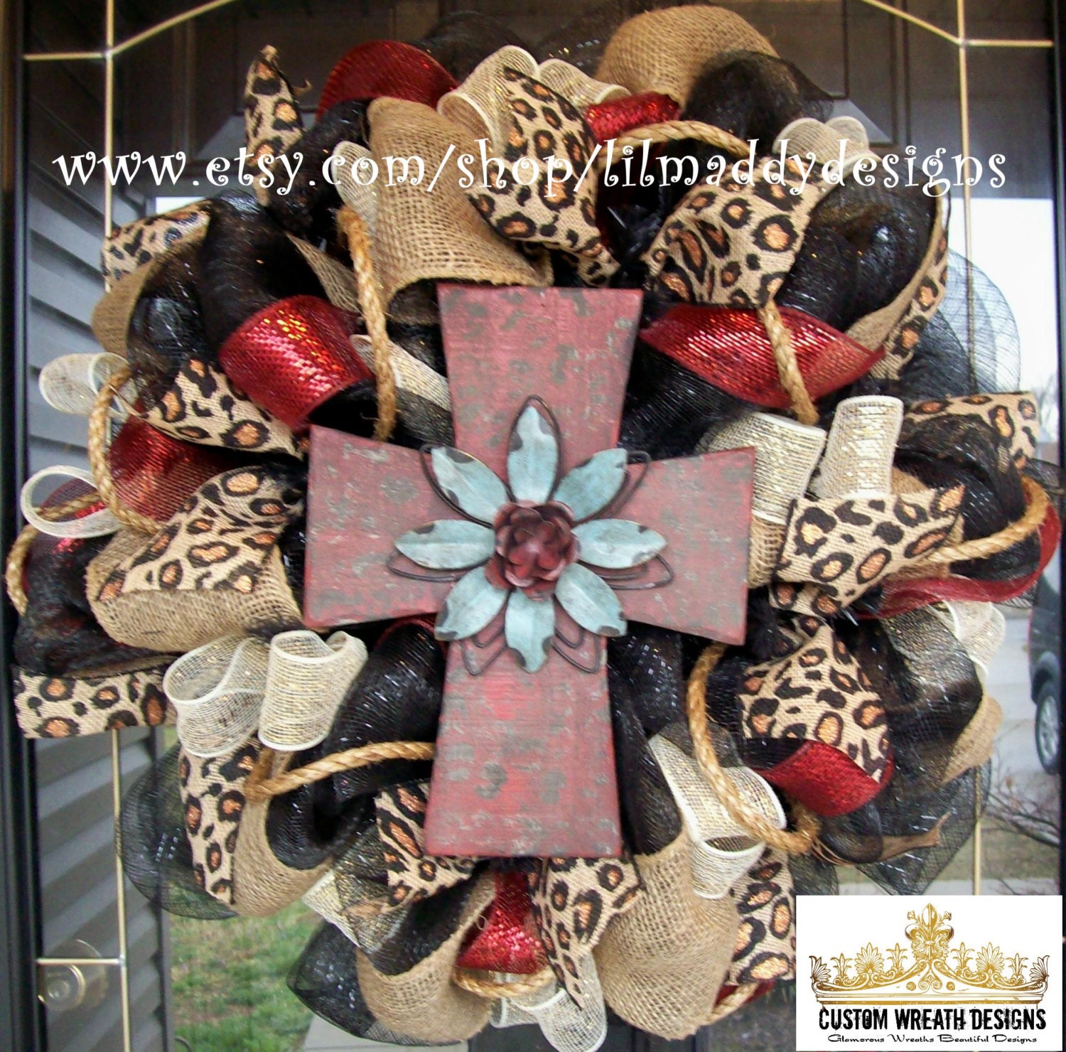 Black and Burlap Maroon Rustic Cross Wreath