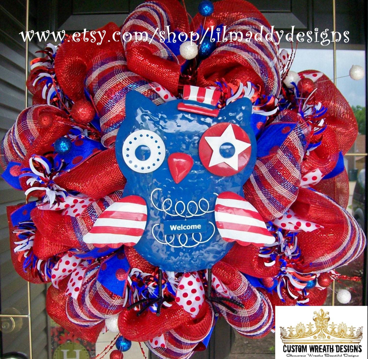 Patriotic Owl with Stripes Wreath