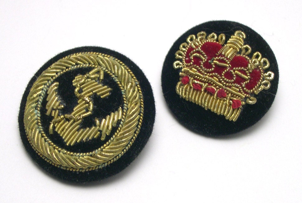 Nautical Crown Brooch, upcycled, recycled, eco friendly, handmade, anchor, royalty, small, round, black, gold, red, pin