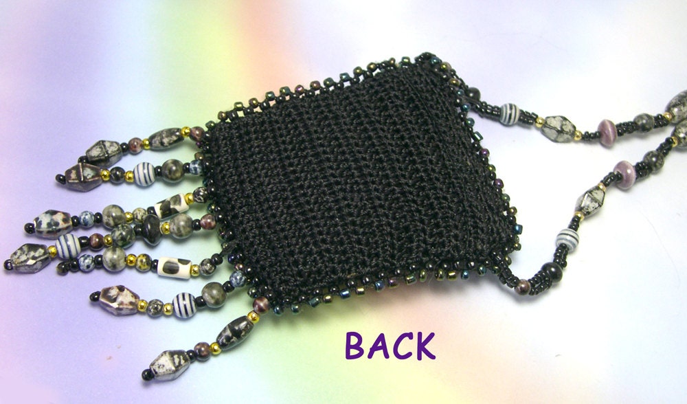 Upcycled Beaded Purse Necklace, beaded amulet bag, crocheted neck pouch. vintage beads, black, turquoise cabachon, black purse necklace