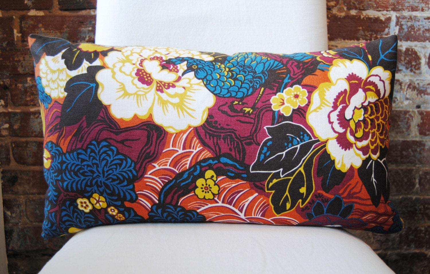 Shanghai Peacock in cinnabar - Pillow Cover - lumbar  - Designer Pillow - Decorative Pillow - Throw Pillow