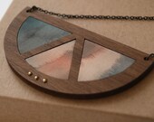 Hand painted silk and walnut geometric crescent necklace