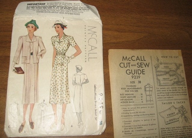 Vintage 1930s Vestee Frock Dress and Cardigan Jacket Women's Afternoon or Evening Duo McCall Sewing Pattern 9239 Bust 38