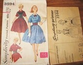Teen Miss Full Skirt Dress with Kimono Sleeves and Bodice Plastron Vintage 1960s Simplicity Easy Sewing Pattern 3594 Bust 36 Factory Folds