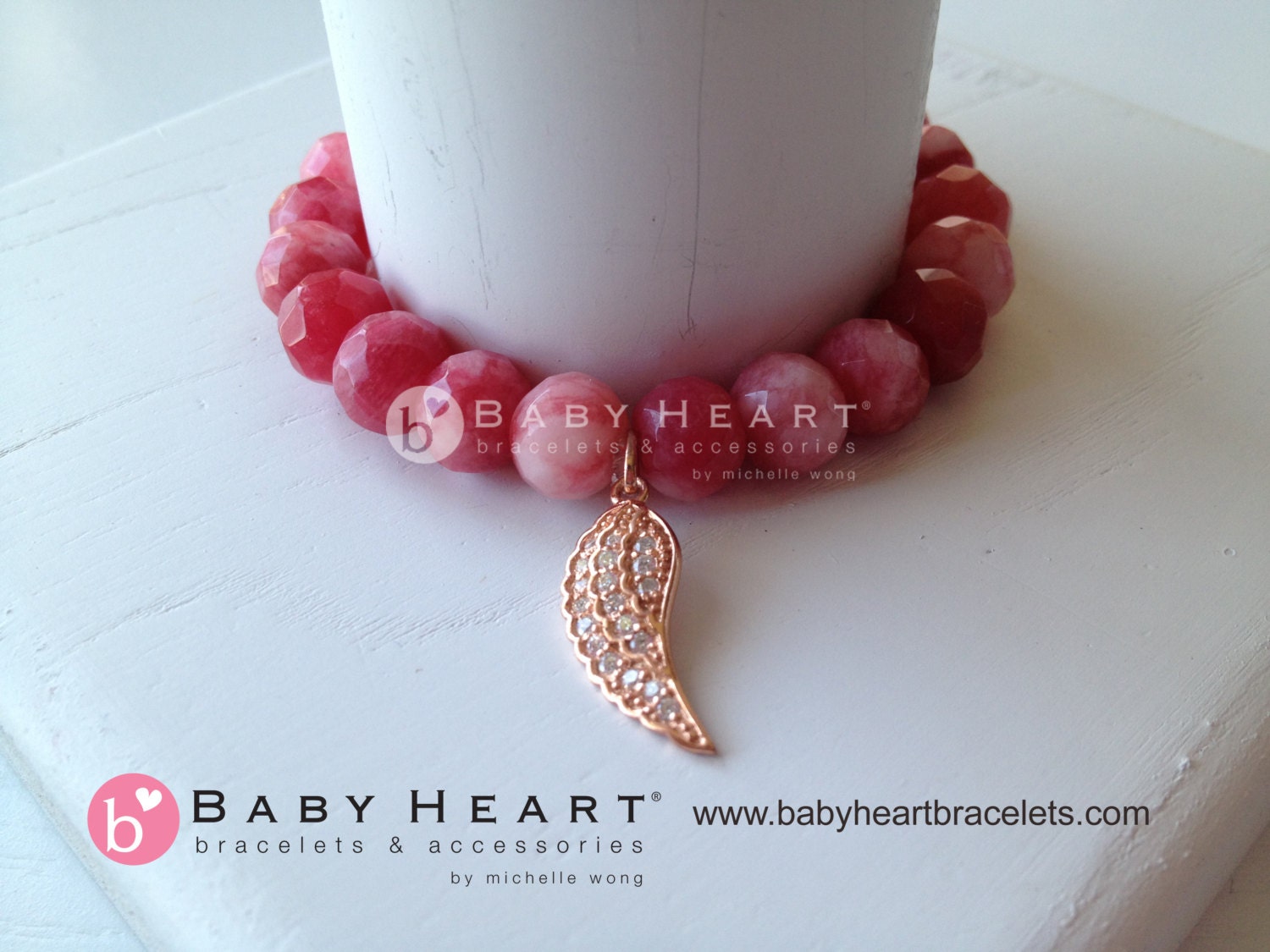 Strawberry swirl ANGEL WING charm BRACELET with jade