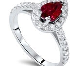 1.55CT Pear Shaped Ruby & Diamond Halo Engagement Ring 14K White Gold