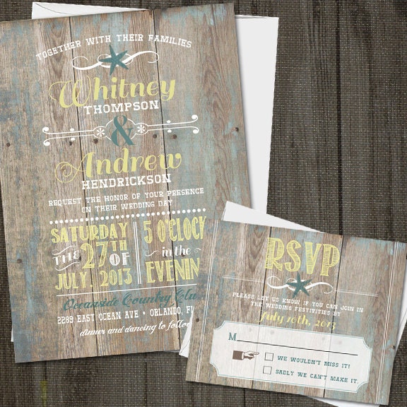 25 Printed Vintage Seaside Wedding Invitation Set with RSVP card and Envelopes