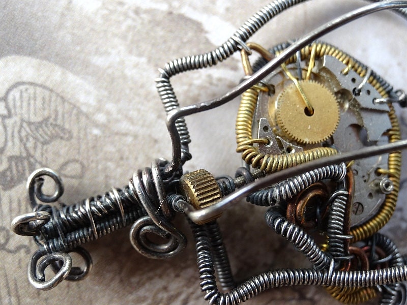 Steampunk Bird In The Cage Pendant, Silver And Brass, Wire Wrapped