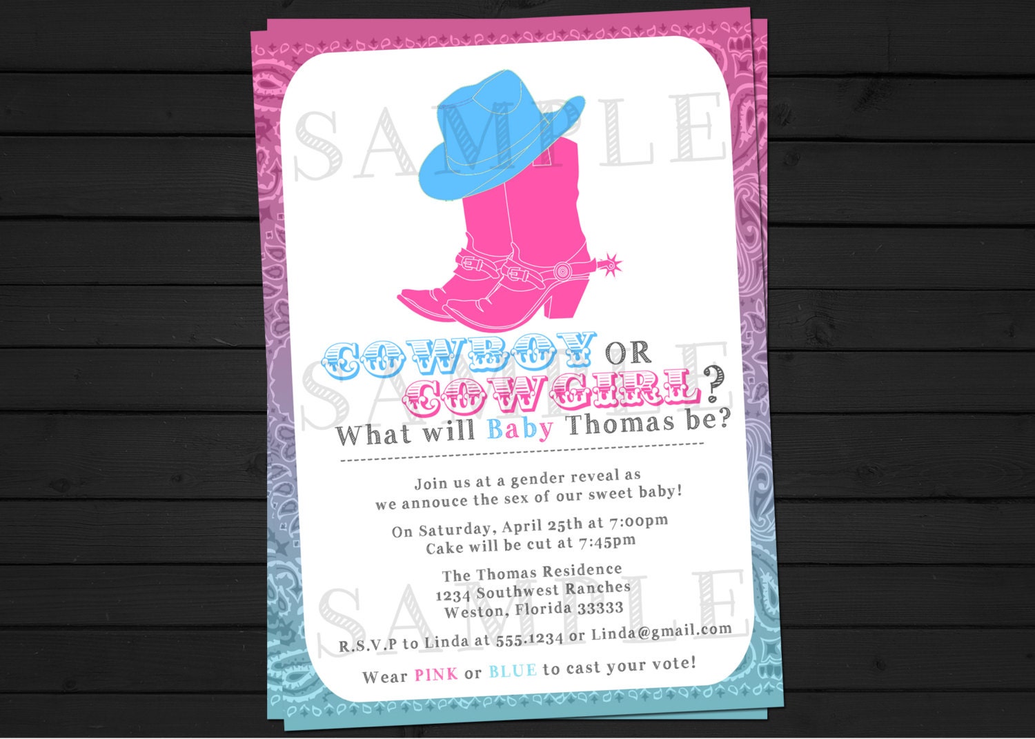 Cowboy or Cowgirl Western Style Gender Reveal Invitation Digital File YOU-PRINT Il_570xn