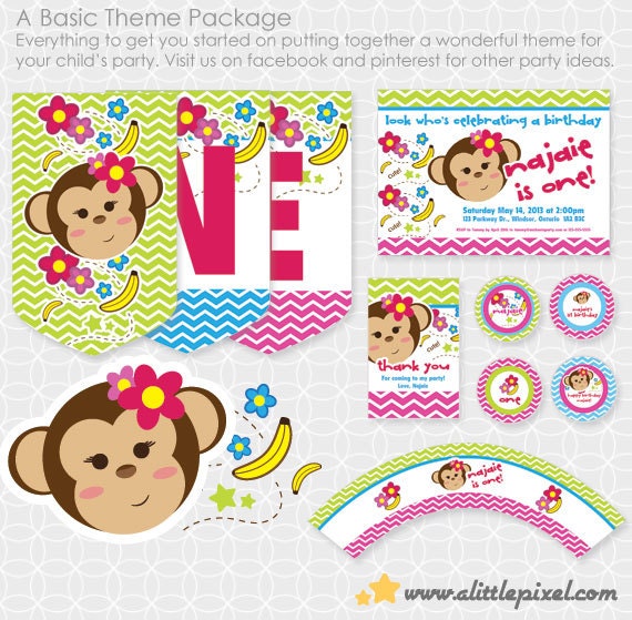 Monkey Girl Party Theme Basic Package - Personalized Printable Il_570xn