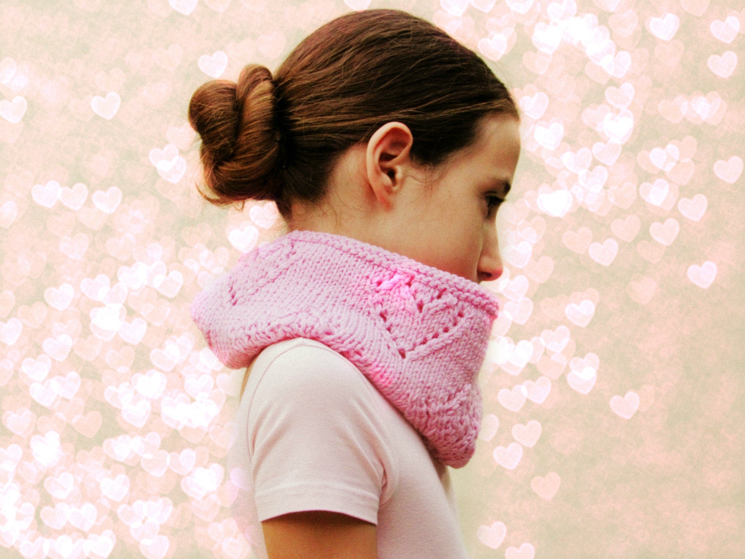 Pink infinity scarf for girl - Cowl heart lace / Sweet Knitted scarf / Alpaca Wool Handmade / pink blush femenine
