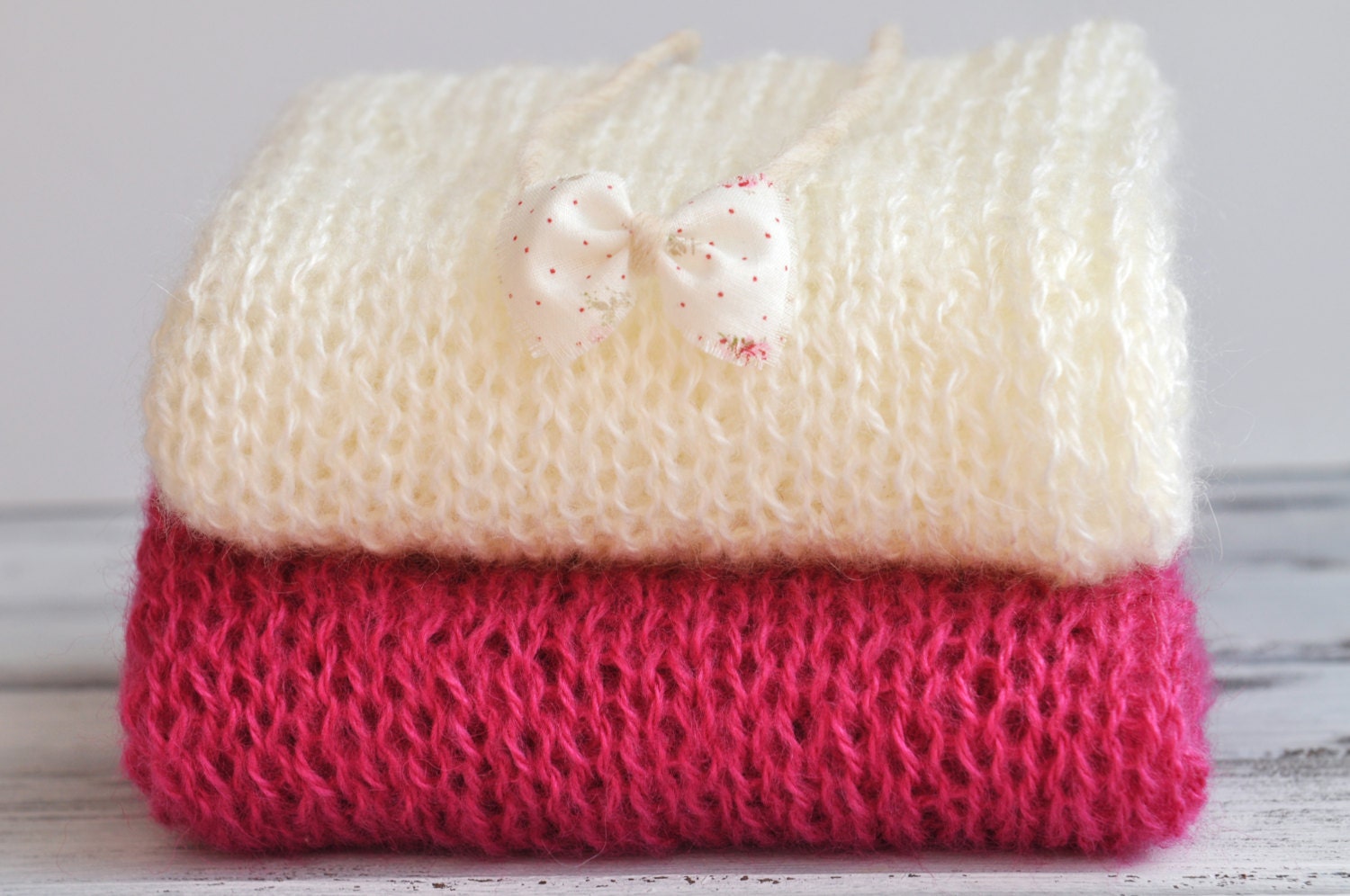 Pink and cream white mohair handknit newborn wrap set photography prop with a free headband - made to order