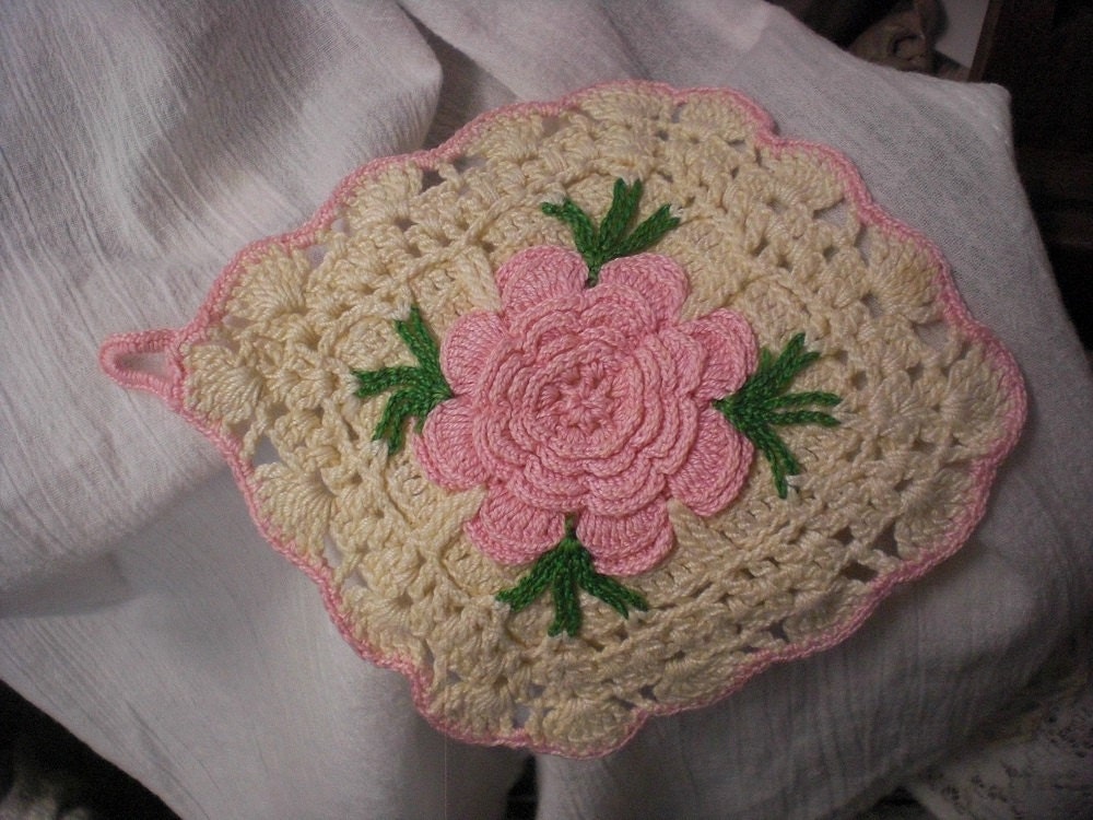 Pink Flower Crochet Pot Holder