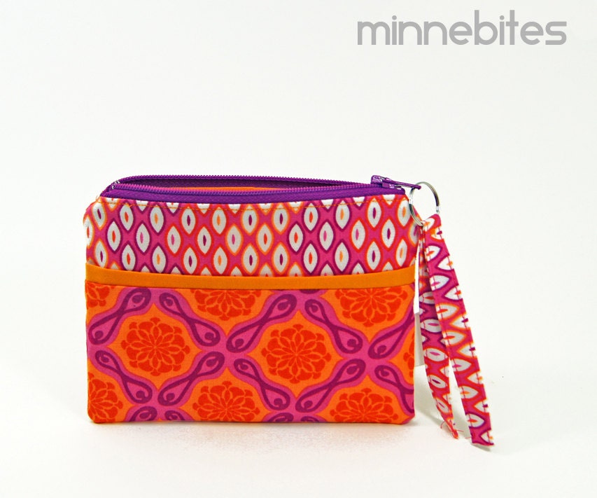 Mini Zip Pouch by MinneBites / Handmade Credit Card Sleeve - Coin Purse - Travel Jewelry Bag - Orange Pink Fuchsia Modern Bag, ready to ship