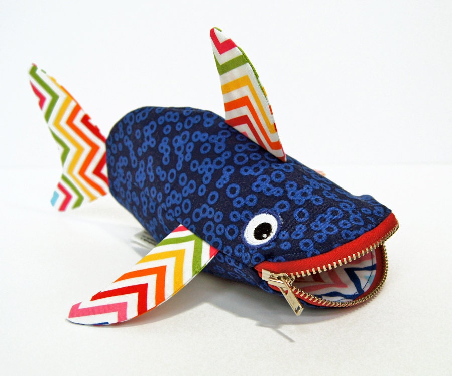 Rainbow Fish Bag by MinneBites / Handmade Shark Toy Bag - Kids Bag - Rainbow Zig Zag Chevron - Blue Animal Bag - Small Pouch - Crayon Holder