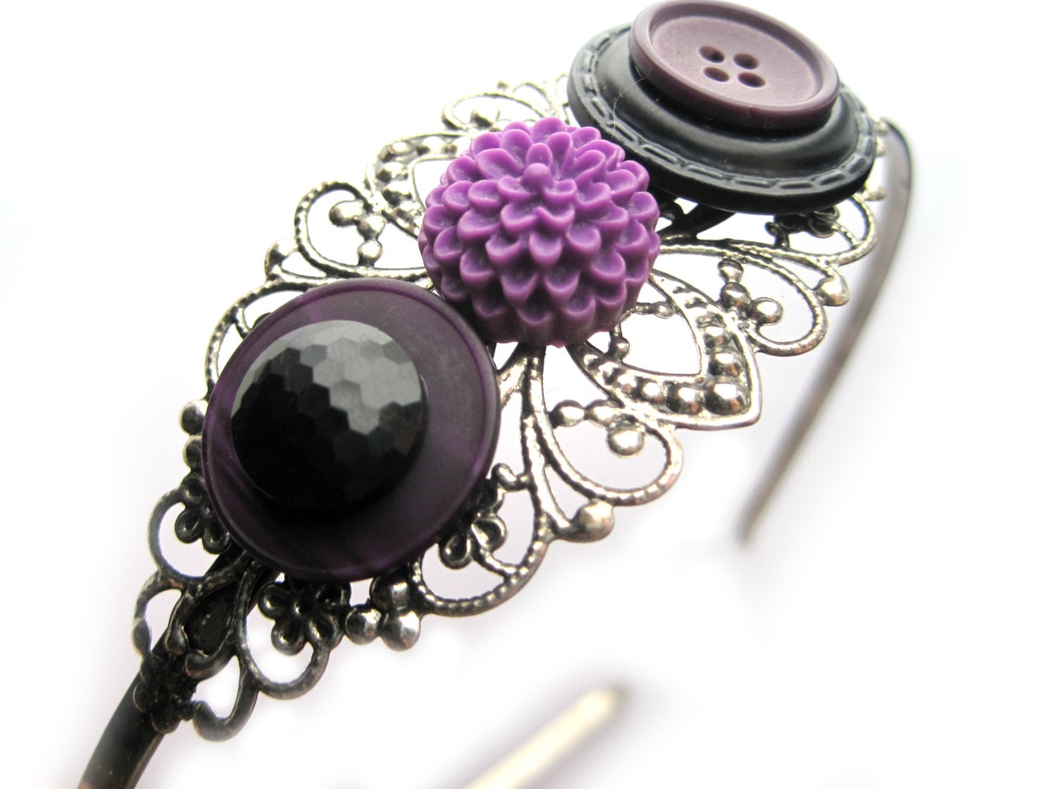 Purple headband, purple and black - filigree headband - vintage buttons, purple, black, purple flower, chrysanthemum - metal headband