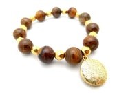 Charm Bracelet, Stretch Bracelet, Gold Bracelet, Resin Glitter Bracelet, Bronzite Gemstone, Beaded Bracelet