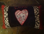 Valentine Heart Pillow - Doodle Art - Appliqued Pillow - Red and Black Decor - Love
