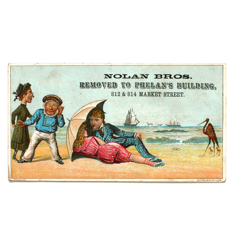 1890 Victorian Trade Card Beach San Francisco Shoes / Rainbow Blue White / Nolan