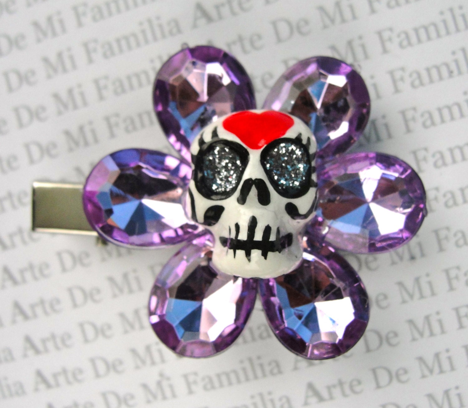 Lavender Purple Day of The Dead  Clay Sugar Skull Dia De Los Muertos Hair Mexican Rockabilly Art Clip Flower Bling