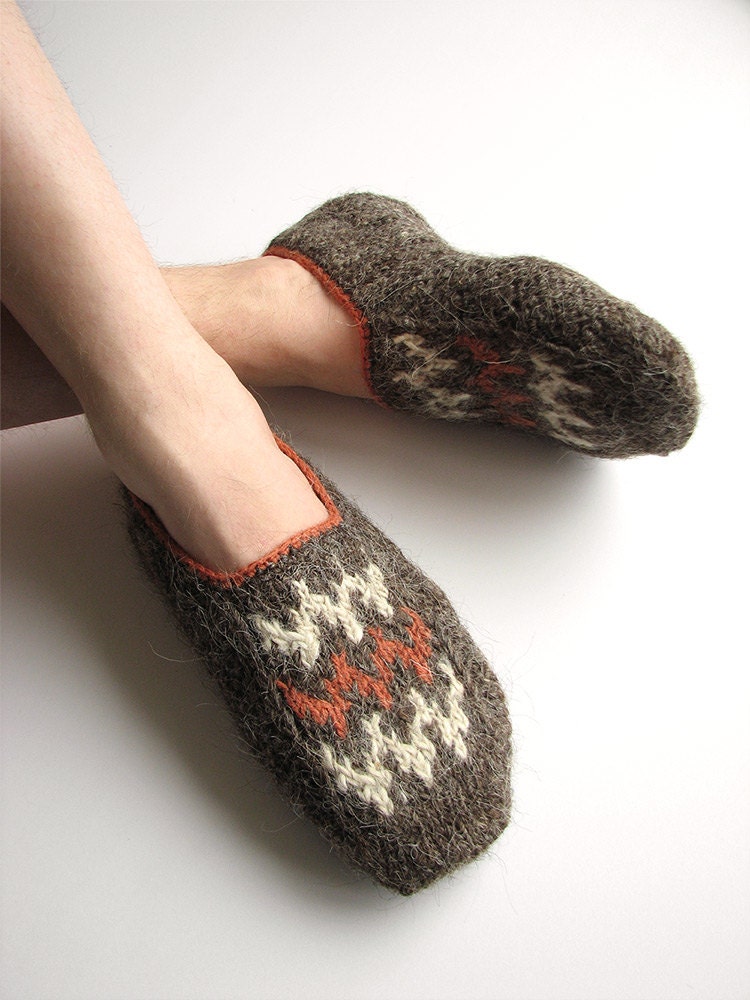 Hand Knitted Slippers - Warm Clothing - 100% Natural Wool - Unbleached White, Terracotta, Brown