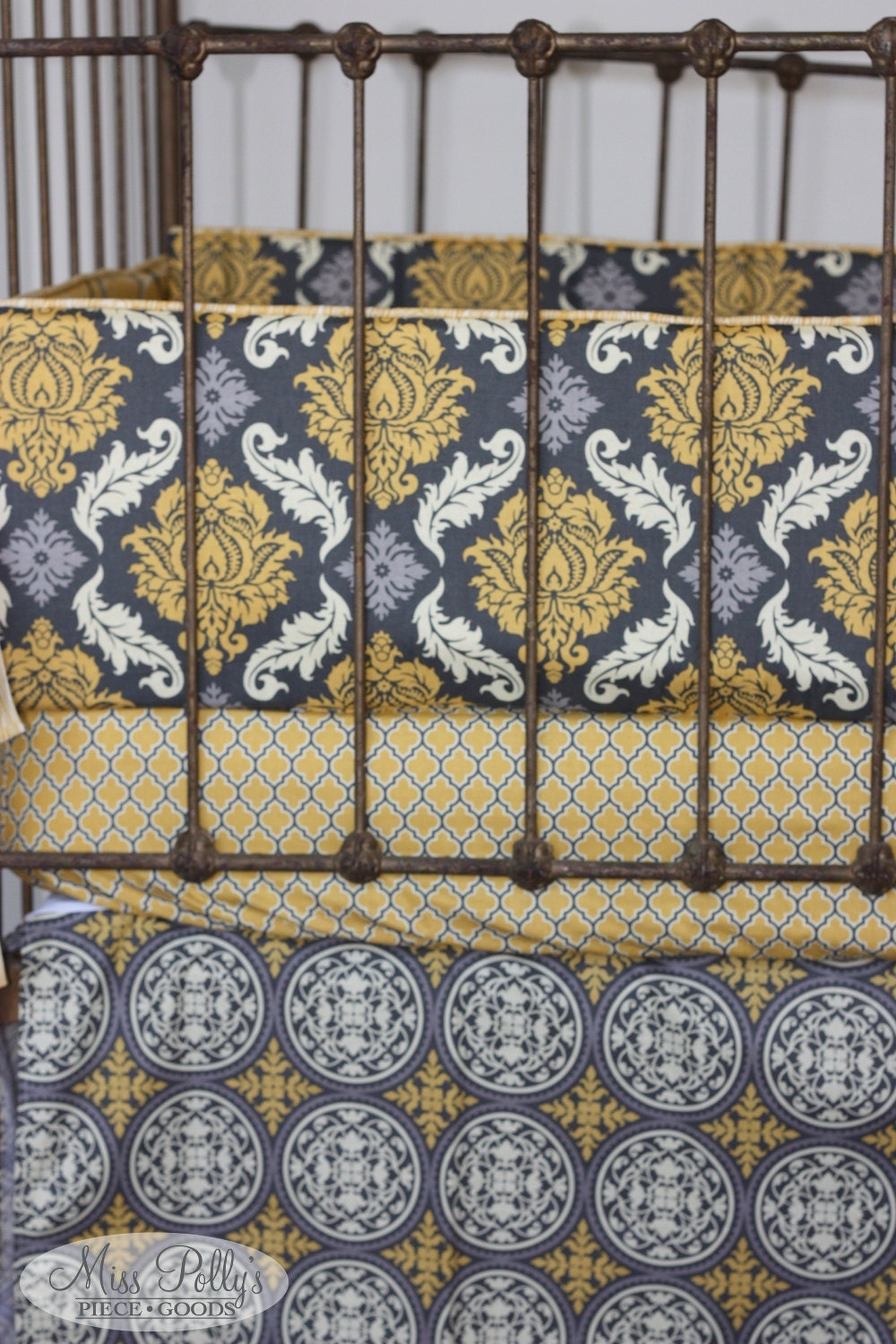 Custom Baby Crib Bedding - Design Your Own Baby Bedding- Aviary 2 in Yellow and Gray