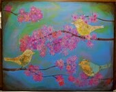 Bird Blossoms Original MIxed Media Painting